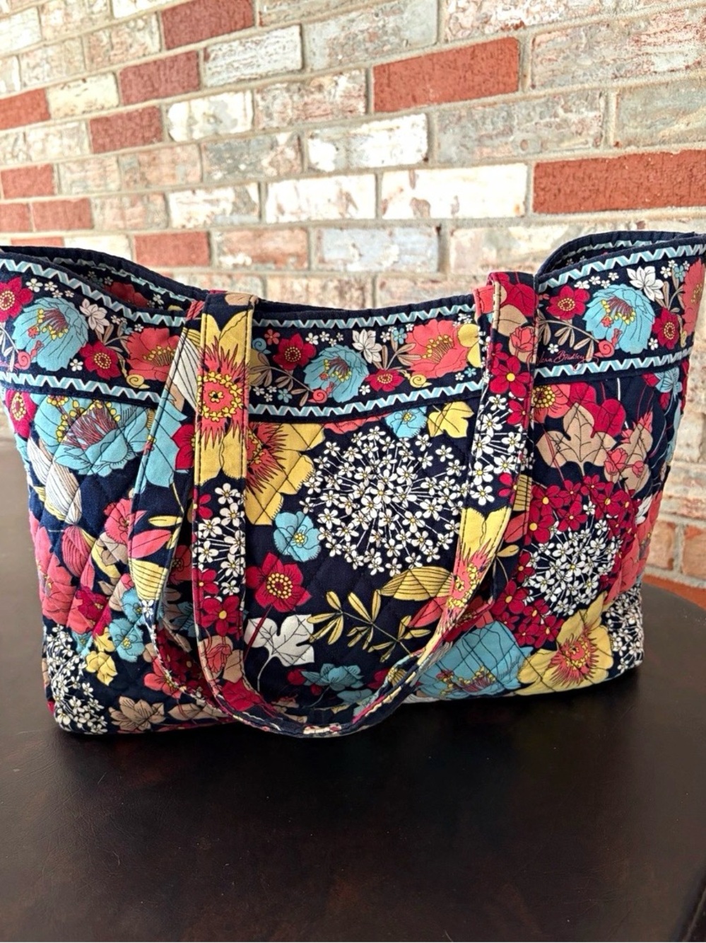 Vera Bradley Navy Quilted Floral Tote with Red, Yellow & Light Blue Accents
